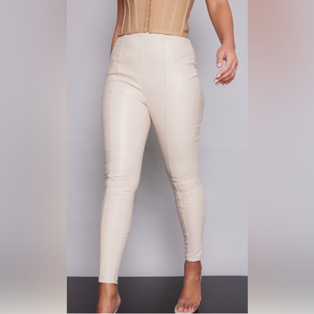 PrettyLittleThing Cream Faux Leather Trousers